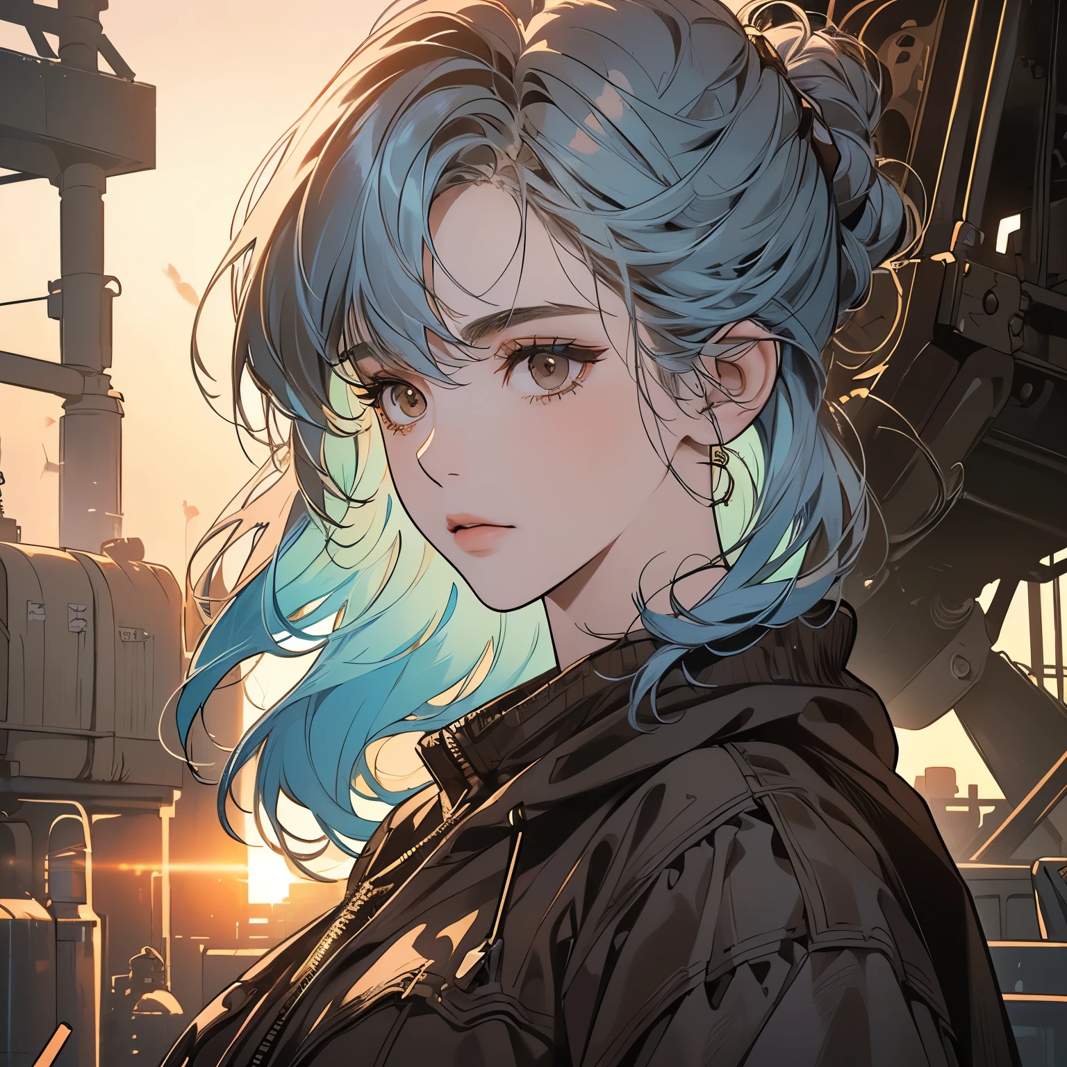 (((one only woman))), (((perfect face))), 14k, (((intricate and detailed background))), (((top quality))),upper body, head shot, detailed hair, mysterious, (((pale lighting))),(((night view))),Detailed white hoodie, (((Various unique hairstyles))), and immensely beautiful women, goddess,(((Detailed face))), Various poses, (((Various angles))), the wind is blowing, (((Inside a dilapidated factory))), grass growing, moonlight,(((Various hair colors))),(((Detailed sperkling brown eyes))),(((Broken heavy equipment))),(((Light on the face.))),Rusty cranes, rusty trucks
