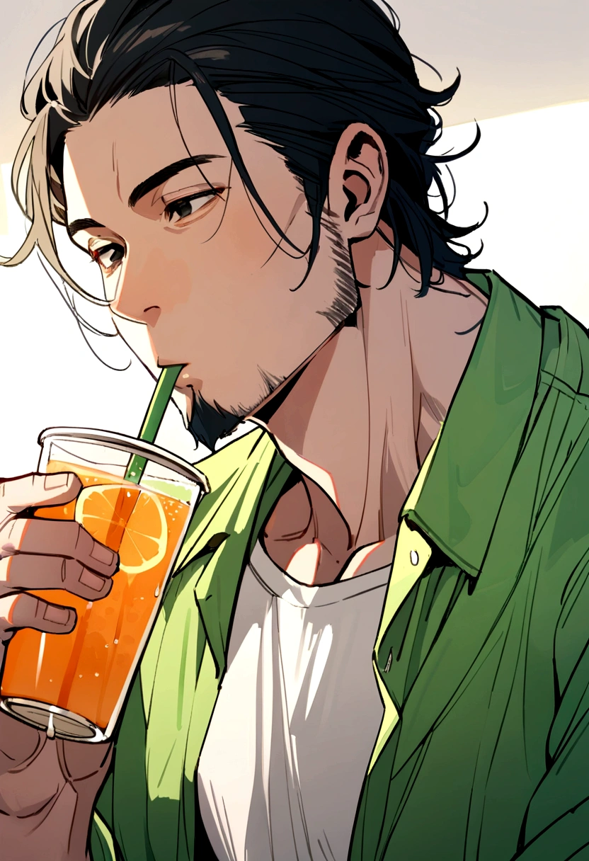 40 year old man, long black hair and slightly curly shoulder length, black eyes dull from drinking, goatee, green shirt, white shirt inside. artist