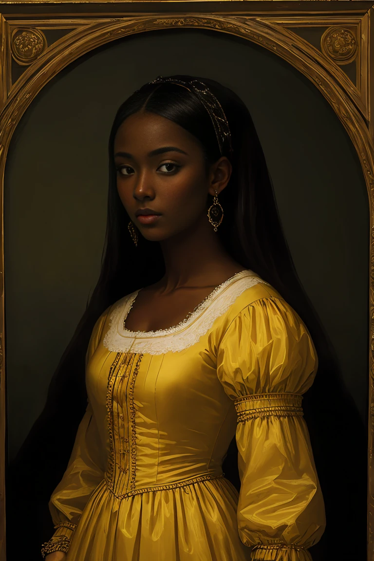 Beautiful woman with dark skin in a yellow dress, renascentist style, inspirado por Vasily Vereshchagin
