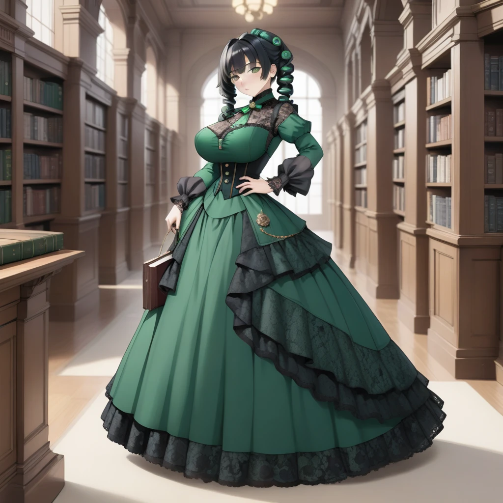 8K, masterpiece, highly detailed,
1girl wearing an emerald green (victorian dress), black hair, ringlets, green eyes,
full body, head tilt, holding a book, library, black lace、Big tits beauty、