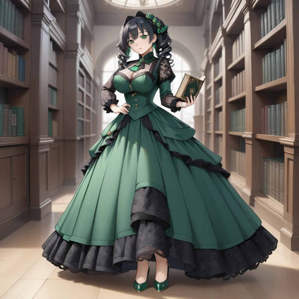 8K, masterpiece, highly detailed,
1girl wearing an emerald green (victorian dress), black hair, ringlets, green eyes,
full body, head tilt, holding a book, library, black lace、Big  beauty、
