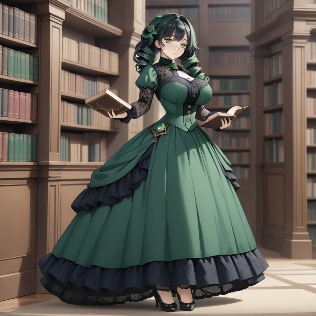 8K, masterpiece, highly detailed,
1girl wearing an emerald green (victorian dress), black hair, ringlets, green eyes,
full body, head tilt, holding a book, library, black lace、Big tits beauty、