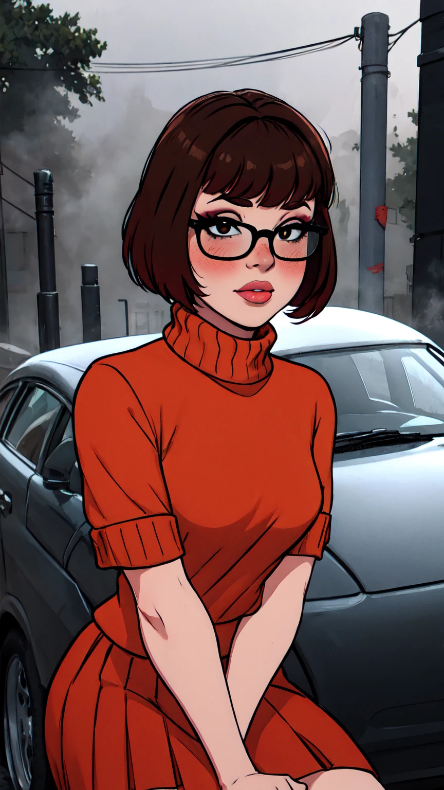1girl, Velma from scooby-doo, solo, skinny, brown hair, black eyes, square glasses, orange turtleneck blouse and red skirt, eyeliner, looking at viewer, lips, black bob cut, blunt bangs, blush, standing, upper body, face focus, outdoors, horror \(theme\), night, fog egirlmakeup, sitting on the car, garage background