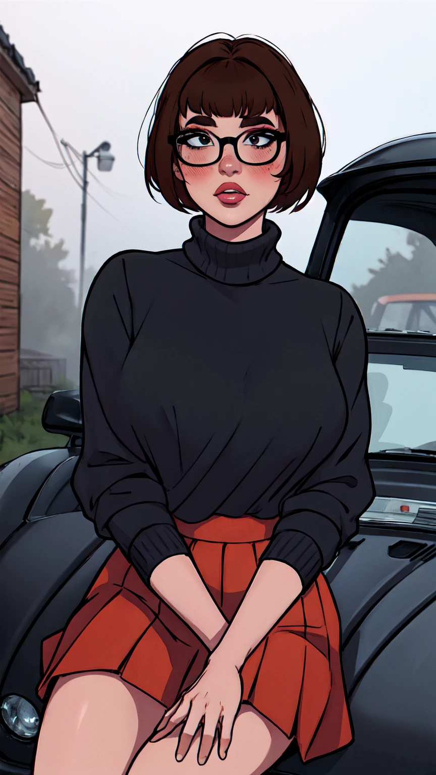 1girl, Velma from scooby-doo, solo, skinny, brown hair, black eyes, square glasses, orange turtleneck blouse and red skirt, eyeliner, looking at viewer, lips, black bob cut, blunt bangs, blush, standing, upper body, face focus, outdoors, horror \(theme\), night, fog egirlmakeup, sitting on the car, garage background
