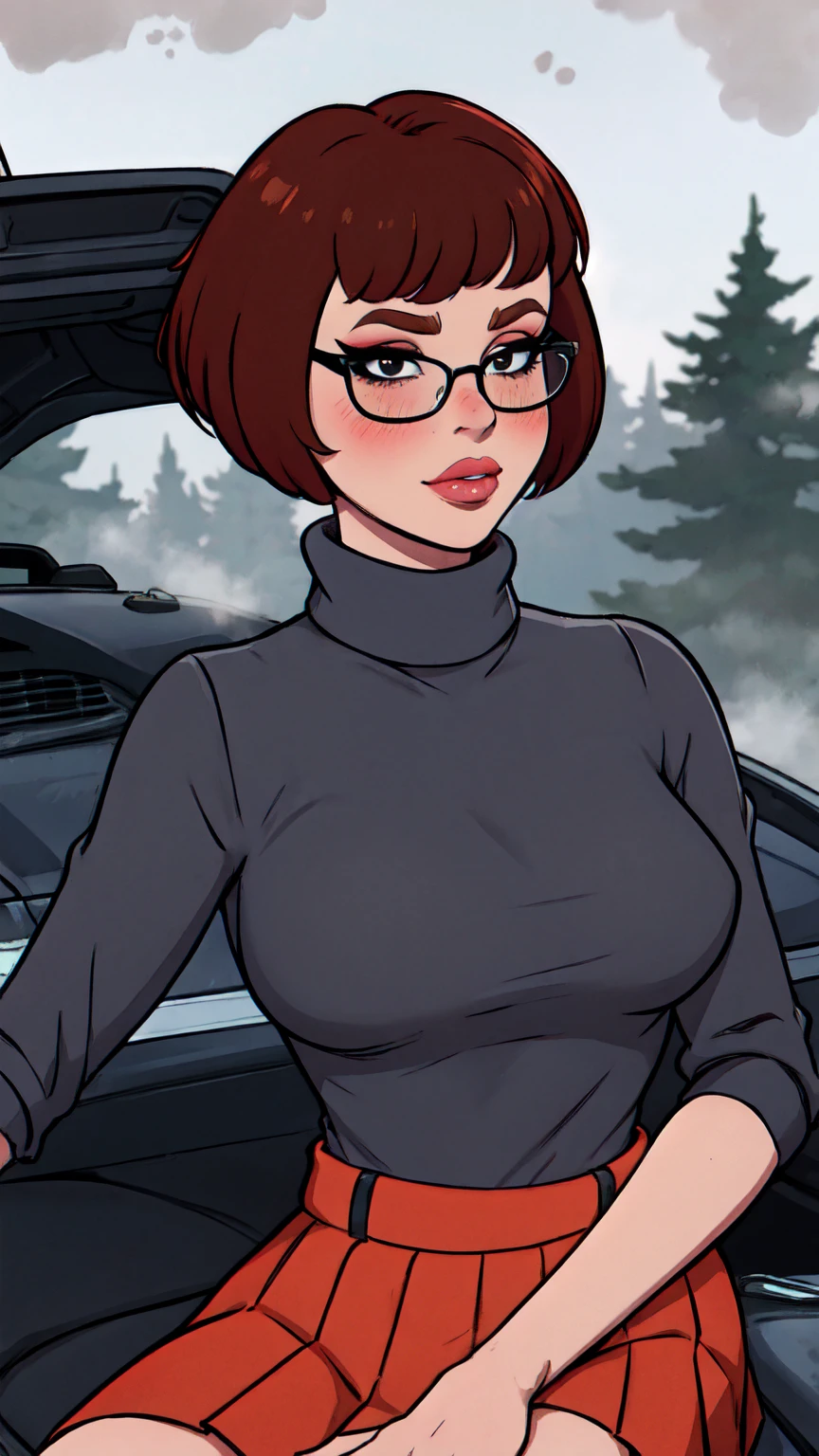 1girl, Velma from scooby-doo, solo, skinny, brown hair, black eyes, square glasses, orange turtleneck blouse and red skirt, eyeliner, looking at viewer, lips, black bob cut, blunt bangs, blush, standing, upper body, face focus, outdoors, horror \(theme\), night, fog egirlmakeup, sitting on the car, garage background
