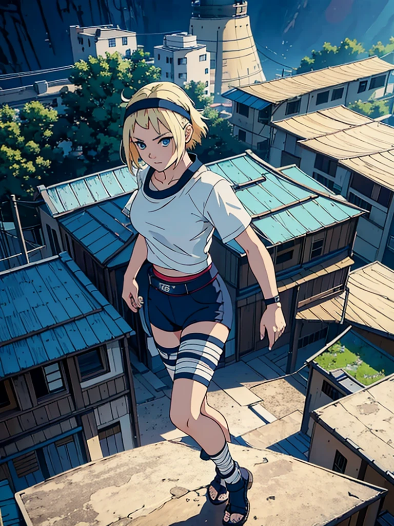 young girl, short hair, Blonde, fringe, blue eyes, makeup,  big breasts, small waist, Wide hips, white short sleeve t-shirt, bandage on abdomen, loose black pants below the waist, konoha waist bandana, bandage on the right hand, bandage on wrist, foot bandage, night leaf village, standing on a roof looking at the village, high quality, Extreme details, 4k, Masterpiece