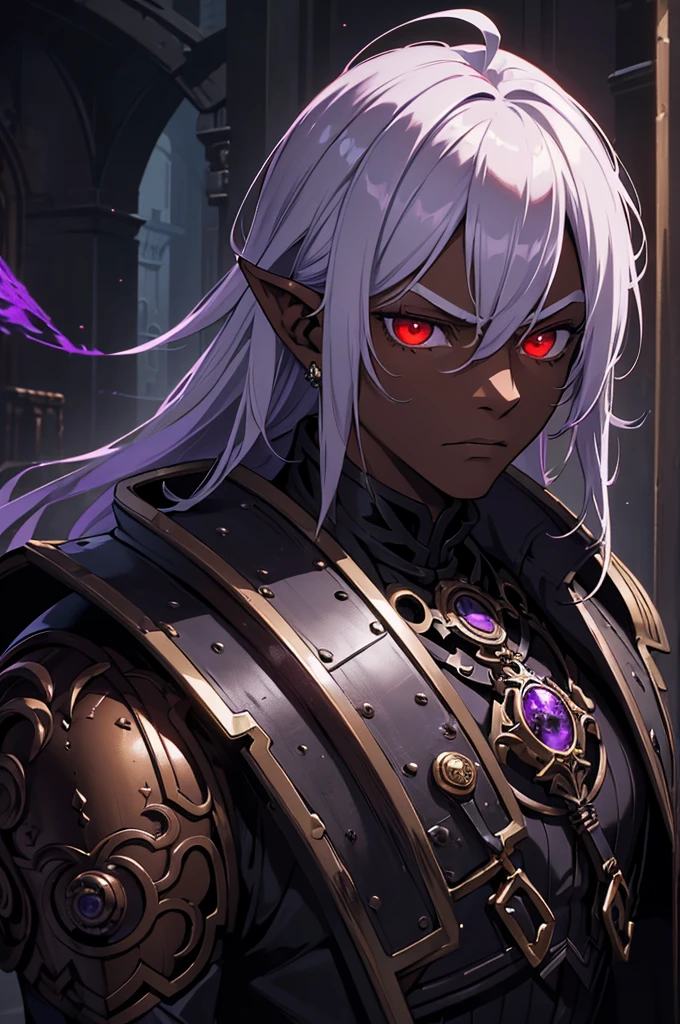 masterpiece, best quality, ultra high res, dark theme, 1boy, (mix between dungeonpunk and steampunk armor), (wearing armor)fantasy illustration, dark skinned, human, upper body, portrait, red eyes, long white hair, half-drow, pointy ears, serious face, young man, dramatic lighting, purple hue, art by Kinema Citrus