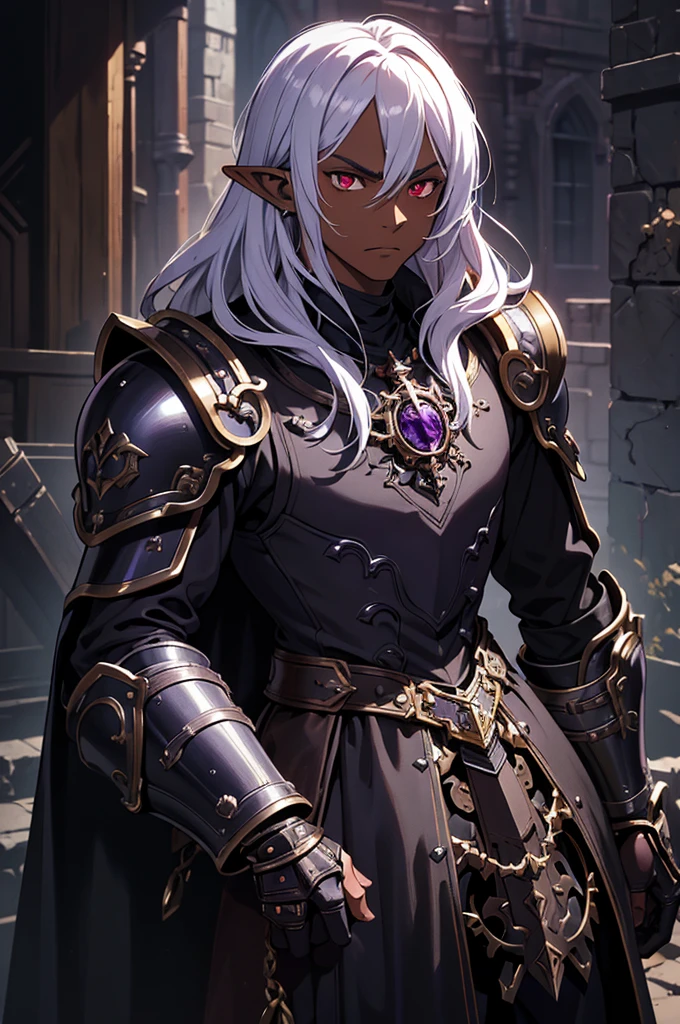 masterpiece, best quality, ultra high res, dark theme, 1boy, (mix between dungeonpunk and steampunk armor), (wearing armor)fantasy illustration, dark skinned, human, upper body, portrait, red eyes, long white hair, half-drow, pointy ears, serious face, young man, dramatic lighting, purple hue, art by Kinema Citrus