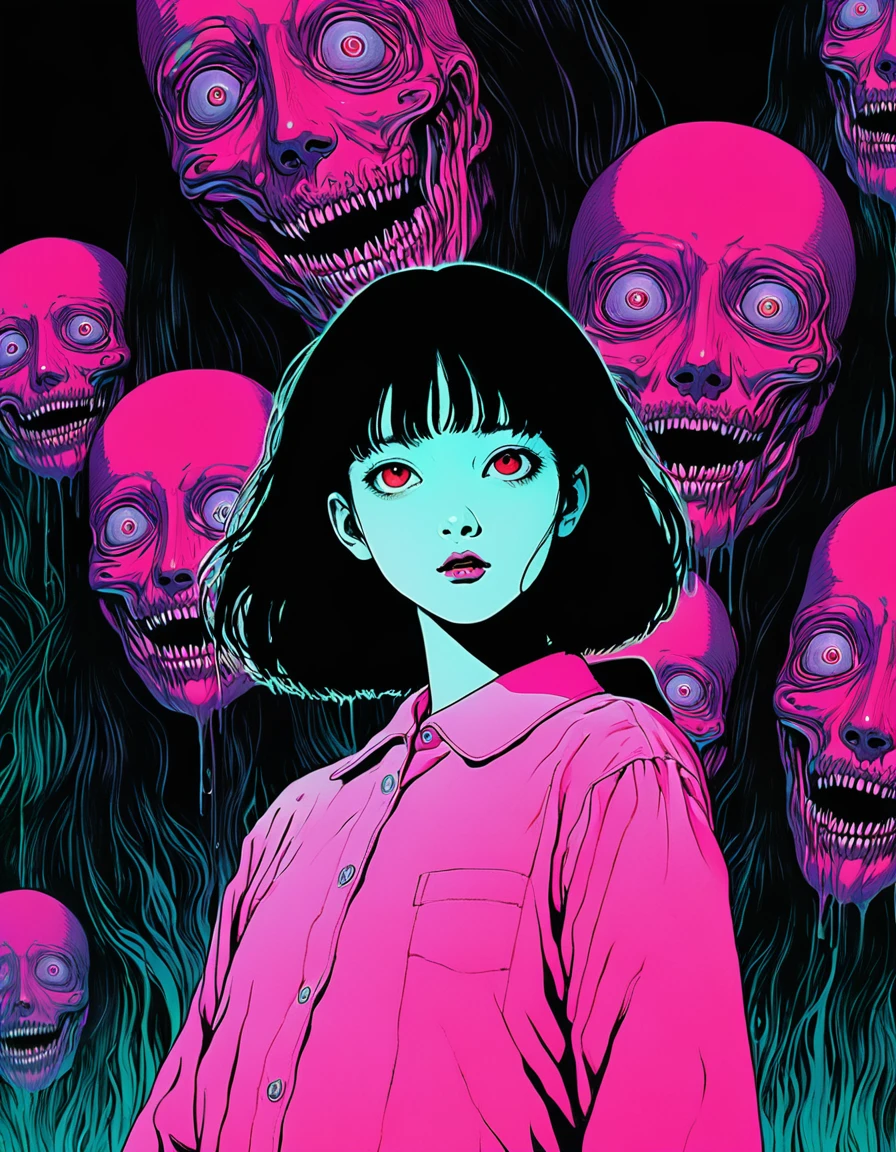 illust、art、from 80s horror movie, directed by Junji Ito、nightmare、high detail, realsitic shadow、Analog style, vhs style, 8mm film, chromatic aberration, Dvd screengrab、Complementary color gradient、Surrealism