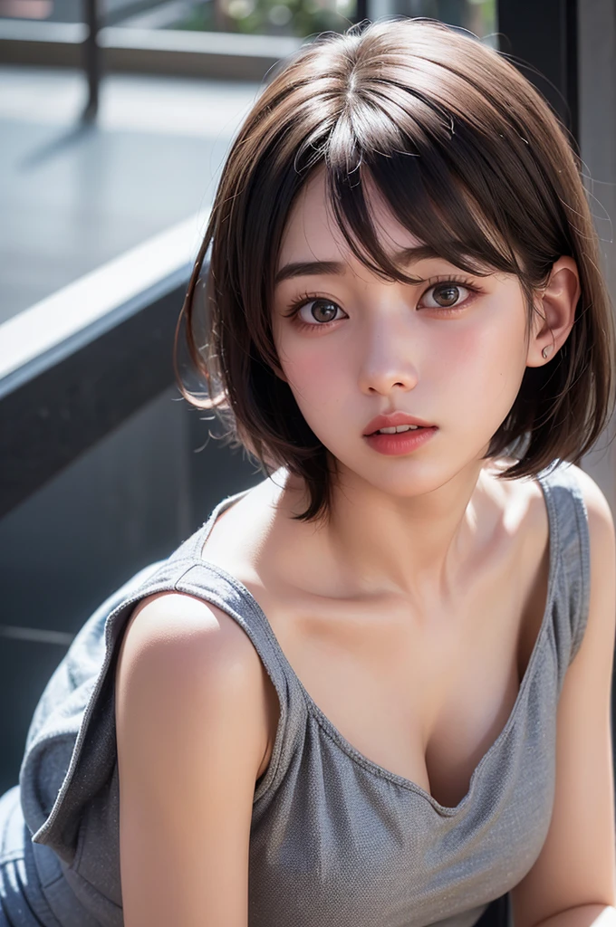 (1 nogizaka girl,raw photo,photo realistic:1.5),(best quality, high quality,HDR, highest quality,ultra high resolution,high resolution,high res,ultra high difinition,huge file size,8K,2K wallpaper,8K wallpaper,high quality texture,amazing,an extremely delicate:1.4),one girl, Japanese famous idol,beautiful face,small face,absurd,ridiculous,incredibly ridiculous,blurry background,(sundress,short hair,cleavage,no makeup:1.2),medium skin,beautiful skin,detailed skin,black hair,silky hair,detailed eyes,black eyes,Japanese nose,5-fingers,(Light Particles, Lens Flare, Luminous Particles: 0.7),looking at viewer,bright lighting,professional lighting,girl