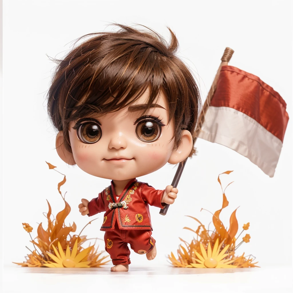 Generate a cute and adorable chibi character, 3d character, male, random hair style, indonesian local outfit, random eye color, happy facial expression, random profession, toy, doll, white background, character print, random camera view, full body, natural light, random pose, medium movement, perfect cinematic lighting, perfect composition, creative theme, vibrant colors.