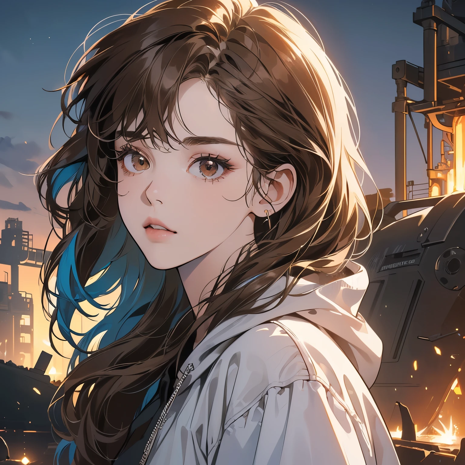 (((one only woman))), (((perfect face))), 14k, (((ultra detailed background))), (((top quality))),upper body, head shot, ultra detailed hair, mysterious, (((pale lighting))),(((night view))),ultra Detailed white hoodie, (((Various unique hairstyles))), ultra beautiful women, goddess,(((Detailed face))), Various poses, (((Various angles))), the wind is blowing, (((Inside a dilapidated factory))), grass growing, moonlight,(((Various hair colors))),(((ultra Detailed sperkling brown eyes))),(((Broken heavy equipment))),(((Light on the face.))),Rusty cranes, rusty trucks,pale brown hair,looking at viewer