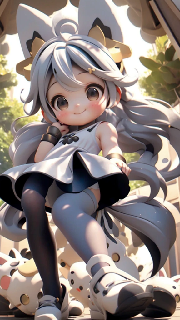 A girl with striking white hair、Fox ears and tail、hair ornaments、black pantyhose、sleeveless、smile、Cute shoes with accessories、