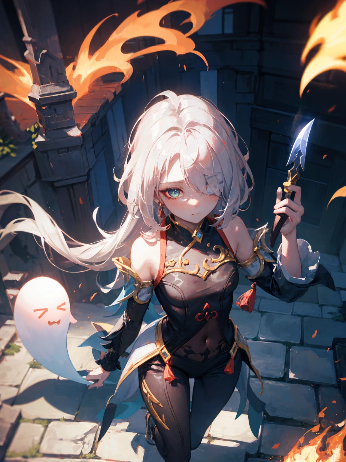 An outstanding painting of a beautiful white girl, flaming, surrounded by flames, dota2 fire girl style, ghost knife style, fire-like hair, long red hair, (hair over one eye), (heterochromia), watery blue big eyes, thin waist, wide hips, mage robes, magic colors, World of Warcraft style, By Blizzard Entertainment, Ultra HD, 8K, real skin texture, best light, best shadow, Lina from dota2, action, wizarding world, overhead view, small mouth, Small nose, big eyes, cute