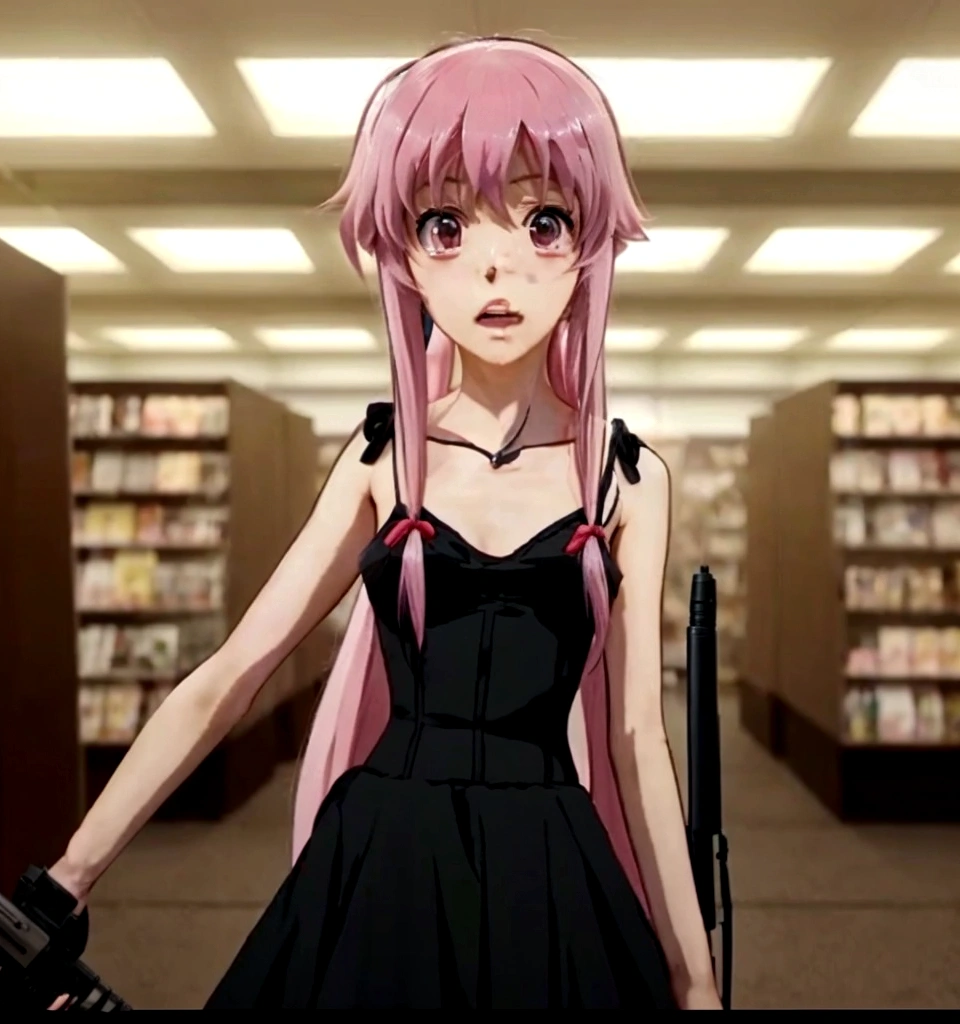 Close-up of a person in a dress holding a gun, Mirai Nikki, as anime character, anime girl in a black dress, anime girl named gasai yuno, anime style like destiny/Overnight stay, in the anime movie, screenshot from a 2012 anime, female anime character, tv anime frame, in an anime