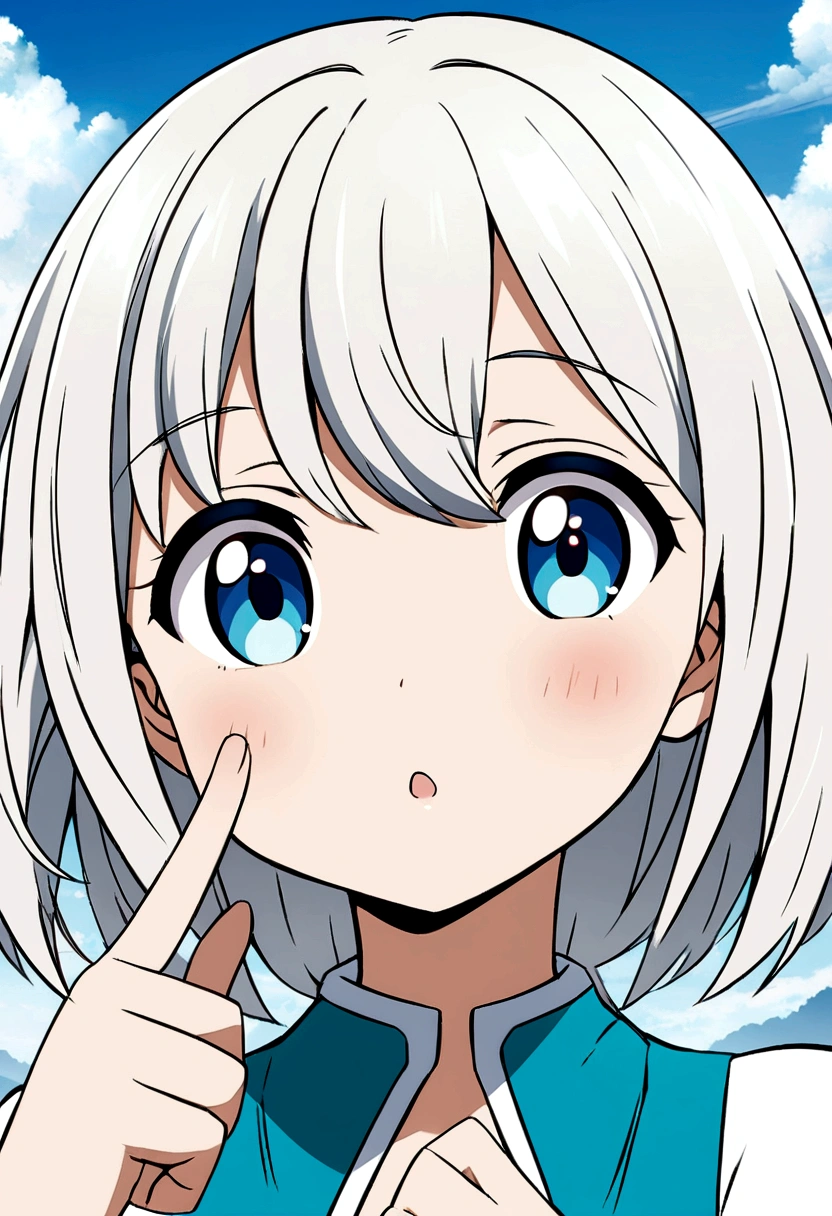 Anime girl with blue eyes and white hair, soft anime illustration, Cute anime face, Girl with white hair, extremely cute anime girl face, with index finger, In an anime style, anime style portrait, pale blue eyes, pale blue eyes!, white hair, In anime style, anime moe art style, Cerulean blue eyes、1人、girl with、1、top-quality