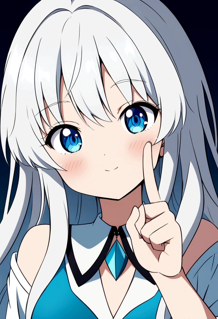 Anime girl with blue eyes and white hair, soft anime illustration, Cute anime face, Girl with white hair, extremely cute anime girl face, with index finger, In an anime style, anime style portrait, pale blue eyes, pale blue eyes!, white hair, In anime style, anime moe art style, Cerulean blue eyes、1人、girl with、1、top-quality