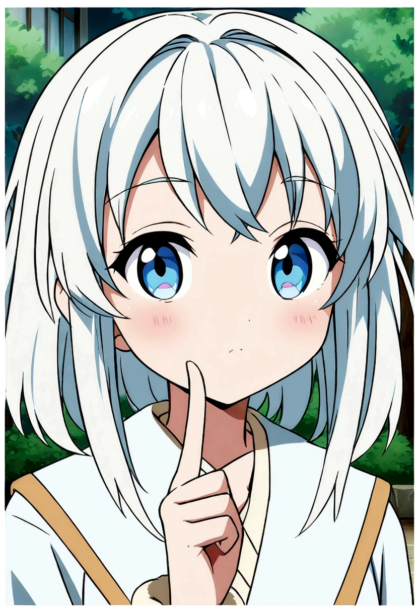Anime girl with blue eyes and white hair, soft anime illustration, Cute anime face, Girl with white hair, extremely cute anime girl face, with index finger, In an anime style, anime style portrait, pale blue eyes, pale blue eyes!, white hair, In anime style, anime moe art style, Cerulean blue eyes、1人、girl with、1、top-quality