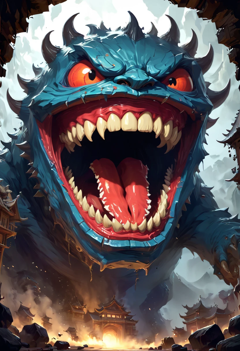 There is a box monster with a big open mouth, Concept art by Adam Marczyński, Number of polygons, The Art of Self-Destruction, imitate, Fangs, Detailed mouth, Detailed hot belly, Very detailed back of mouth, Open your mouth wide, Open metal mouth, large sharp fangs, imitate. Random location content, The mouth is small, monster teeth