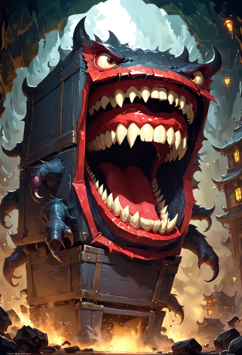 There is a box monster with a big open mouth, Concept art by Adam Marczyński, Number of polygons, The Art of Self-Destruction, imitate, Fangs, Detailed mouth, Detailed hot belly, Very detailed back of mouth, Open your mouth wide, Open metal mouth, large sharp fangs, imitate. Random location content, The mouth is small, monster teeth