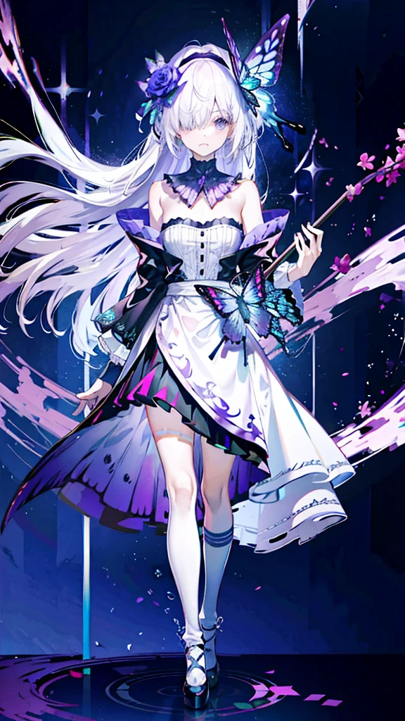 Silver Hair,erfly,Long white hair,8k wallpaper,Detailed background,Maximum resolution,Deep V,Hair covers one eye,Headband Style,Chis,purple Rose,Tight,High socks,livestock