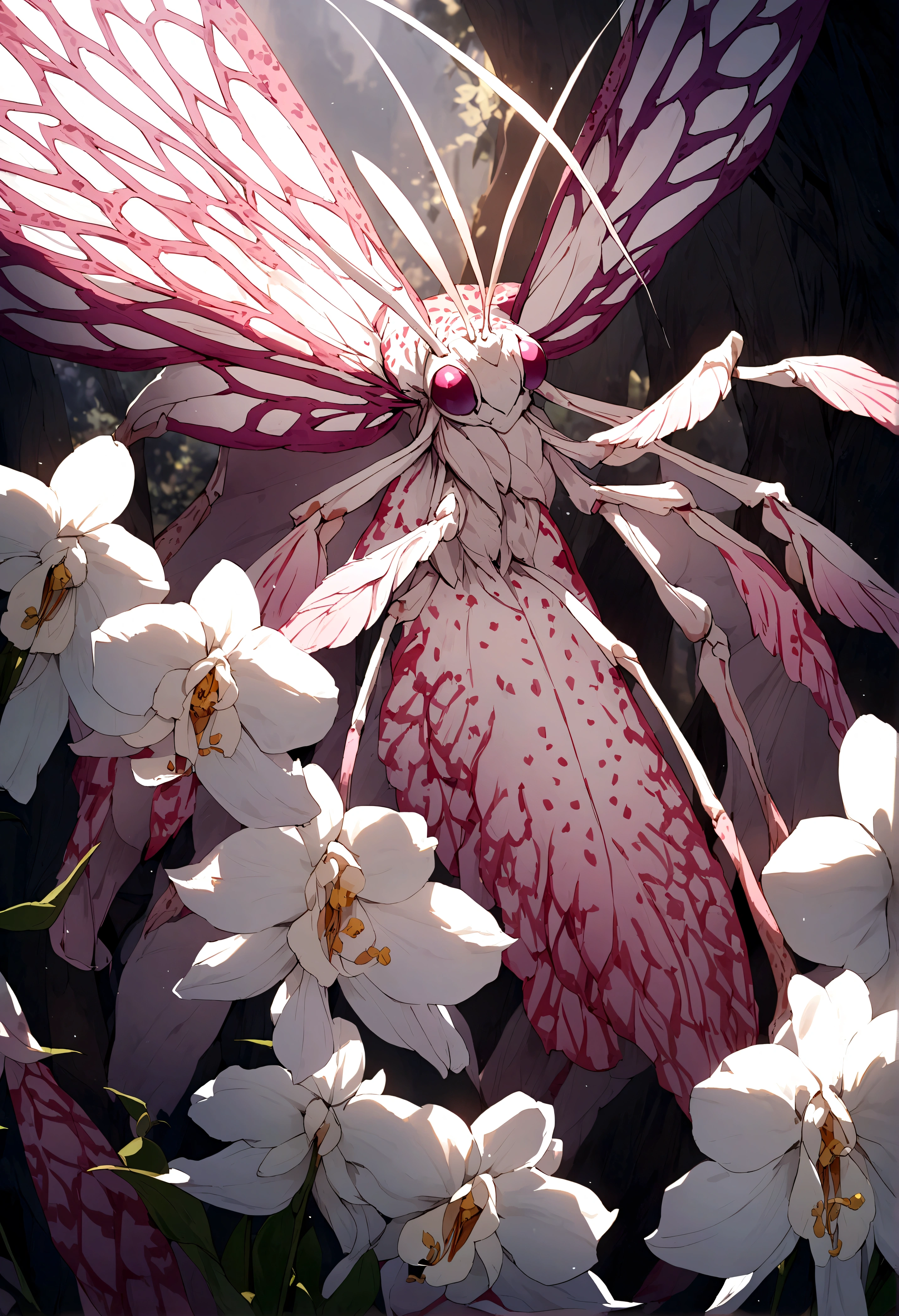 An orchid mantis (pale white with pink highlights) is hiding on a white orchid preparing to ambush its prey
