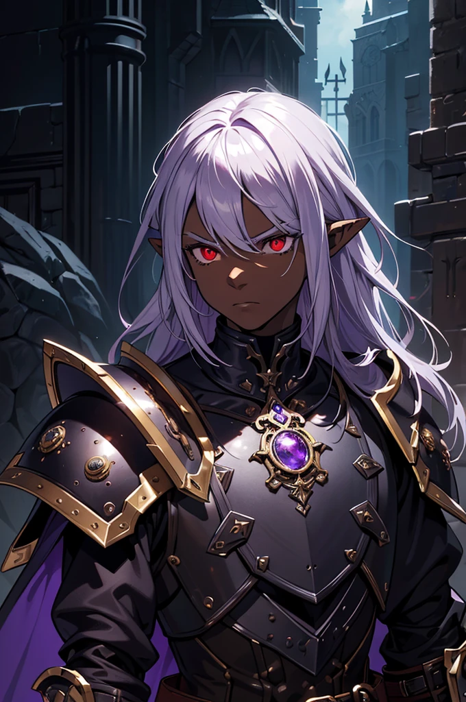 masterpiece, best quality, ultra high res, dark theme, 1boy, (dungeonpunk armor), (steampunk armor), (wearing armor)fantasy illustration, dark skinned, human, upper body, portrait, red eyes, long white hair, half-drow, pointy ears, serious face, young man, dramatic lighting, purple hue, art by Kinema Citrus
