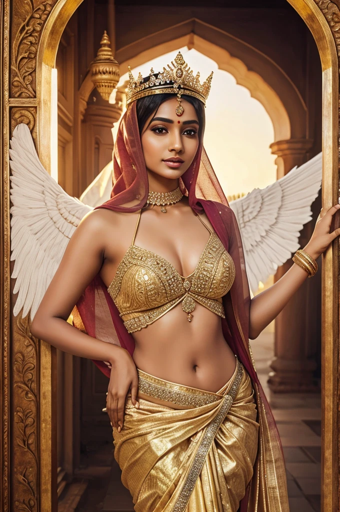 Beautiful Indian woman wearing a hijab and saree with a crown and angelic wings