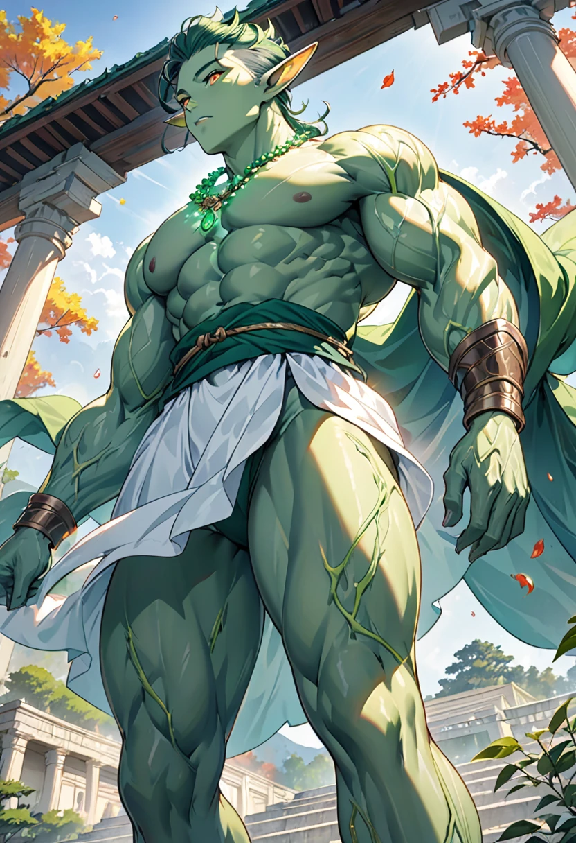 (((intricate design))) (((top quality))) (((16K))) (((High Definition))) 16K splash art (((photorealistic))) high-res, ultra sharp, ((masterpiece)), the best quality, expressive eyes, perfect face, (((druid outfit))) Super eyes, perfectly detailed anatomy (((Volumetric lighting))) (((natural lights))) (((sunny))) (((1Male))) (((Bodybuilder))), (((muscular))), (((hyper pecs))) there is a sexy mature man with green paint on his body, slick shaved sides hairstyle, ((thighs)) bodily fluids, round butt, green coloured skin, green skin! (((green coloured skin!!))), (((green skin))). (((green-skinned))), (((elegant robes))) ((green skin with scales)), ((green skin)), windy, (((in a Ancient Stadium of Olympia))), (((greenish skin))) plantation on the male body, fluorescent green skin, radiant orange eyes, windy, leaves falling (((a powerful nature deity))), elf ears, druid magic, cell-shaded adult animation, green gem necklace, hot reptile muscular humanoid man, muscular green body. Hazel eyes, glowing veins, nature spirit, long sash, transparent legs (((from below))), orbstaff