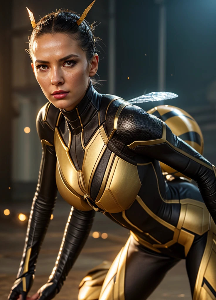1girl, wasp queen woman, superhero wasp costume, attack pose, stinger sticking out of back, sharp forearm blades, detailed eyes, detailed lips, hyperrealistic, cinematic lighting, dramatic atmosphere, highly detailed, sharp focus, 8k, unreal engine, octane render, photorealistic, hyper detailed, 3d render, concept art style