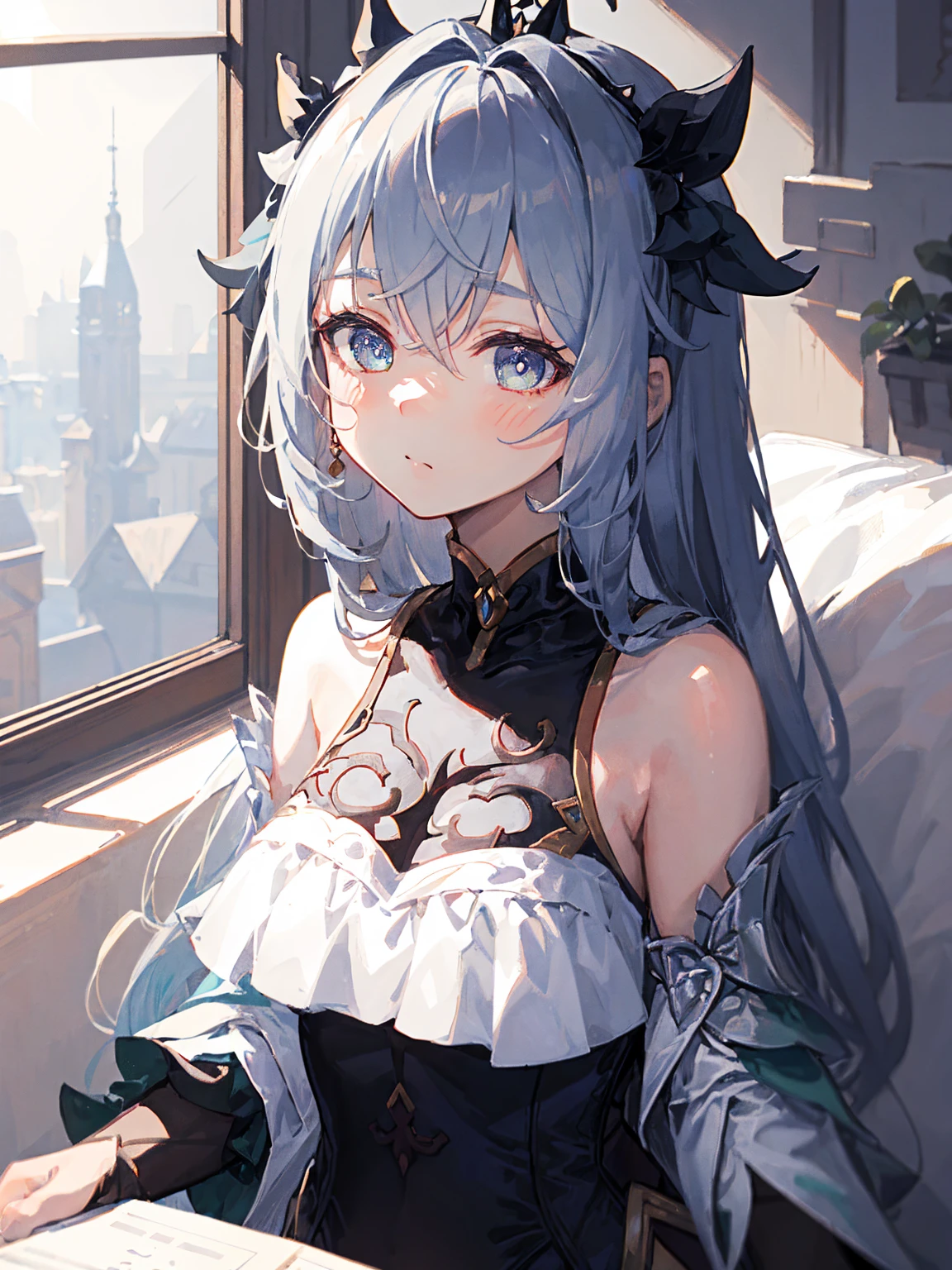 (artwork), (amazing work), (indirect linear lighting), (Chibi-cute studios), (Gif cute anime), (cute cute kawaii), (extremely detailed CG 8k unit wallpaper), (1girl) wearing cute dress, long blue hair with cute ruffled tiara, wearing silk gloves, white skin, green blue eyes, (cute kawaii)