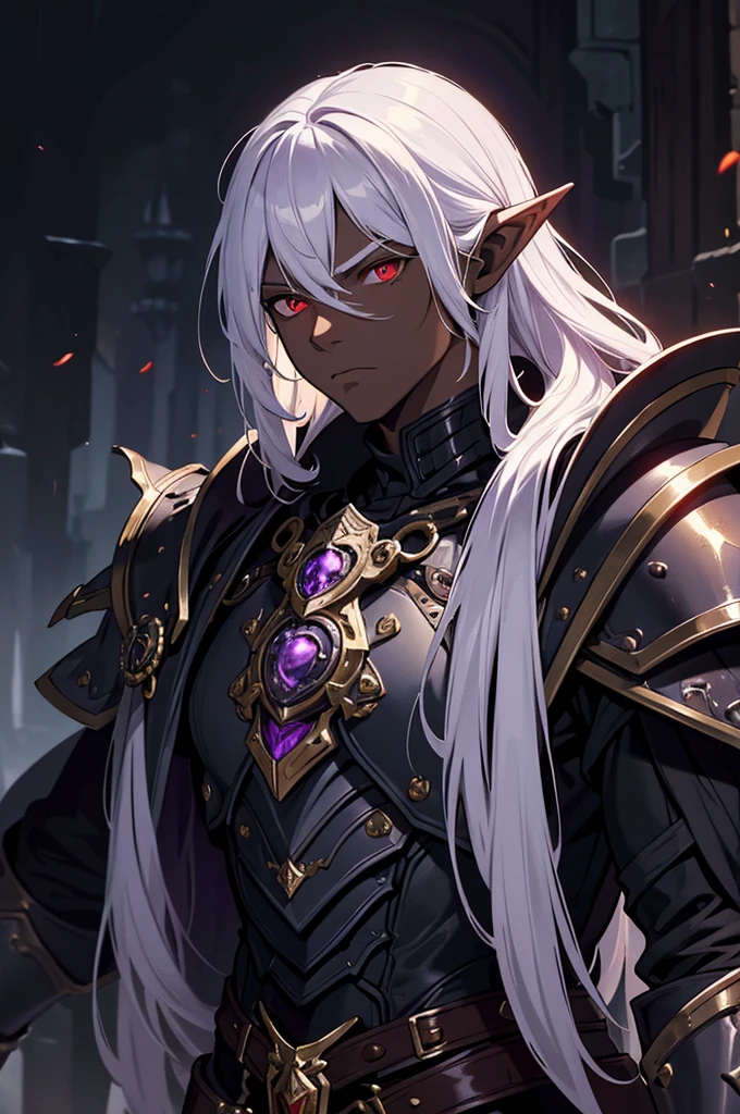 masterpiece, best quality, ultra high res, dark theme, 1boy, (dungeonpunk armor), (steampunk armor), (wearing armor)fantasy illustration, dark skinned, human, upper body, portrait, red eyes, long white hair, half-drow, pointy ears, serious face, young man, dramatic lighting, purple hue, art by Kinema Citrus