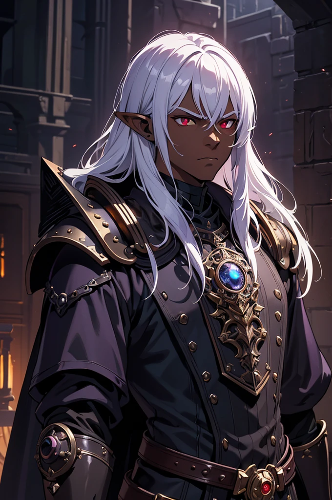 masterpiece, best quality, ultra high res, dark theme, 1boy, (dungeonpunk armor), (steampunk armor), (wearing armor)fantasy illustration, dark skinned, human, upper body, portrait, red eyes, long white hair, half-drow, pointy ears, serious face, young man, dramatic lighting, purple hue, art by Kinema Citrus