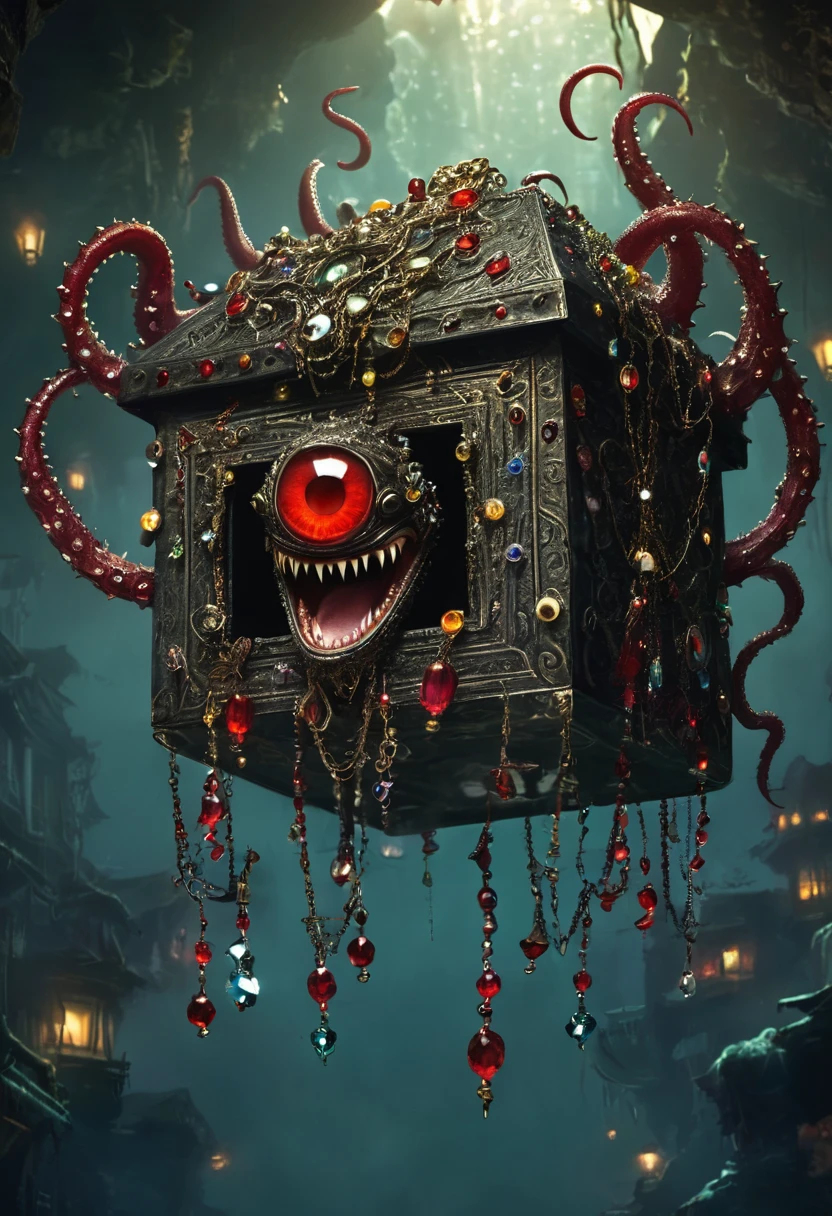 dark，fear，Strange box monster full of jewels - one eye - sharp teeth - ugly，Long tentacles，Scattered jewelry,greedy