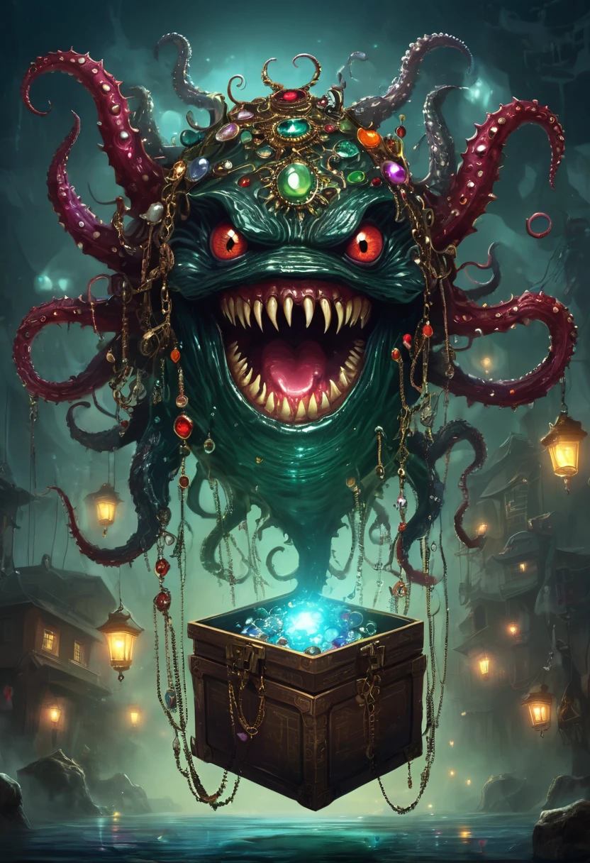 dark，fear，Strange box monster full of jewels - one eye - sharp teeth - ugly，Long tentacles，Scattered jewelry,greedy