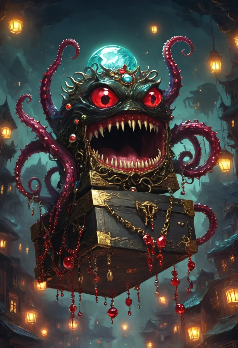 dark,fear,Strange box monster full of jewels - one eye - sharp teeth - ugly,Long tentacles,Scattered jewelry,greedy