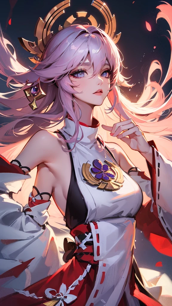 a beautiful detailed anime girl, yae miko, long silver hair, elegant purple kimono, exquisite  features, mesmerizing eyes, graceful pose, magical glowing fox spirits, vibrant colors, cinematic lighting, digital painting, concept art style, 8k, highest quality, extremely detailed, photorealistic