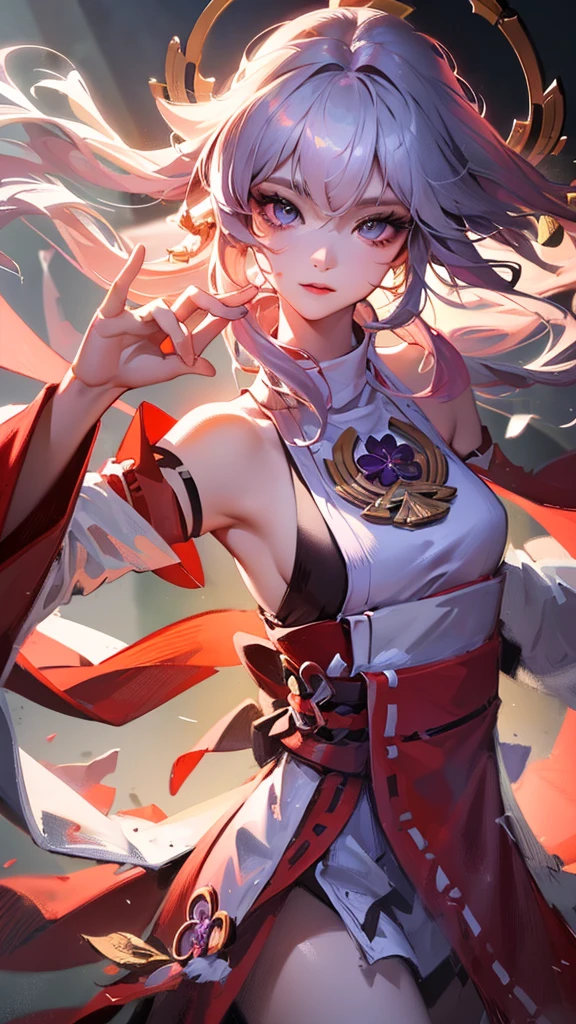 a beautiful detailed anime girl, yae miko, long silver hair, elegant purple kimono, exquisite facial features, mesmerizing eyes, graceful pose, magical glowing fox spirits, vibrant colors, cinematic lighting, digital painting, concept art style, 8k, highest quality, extremely detailed, photorealistic