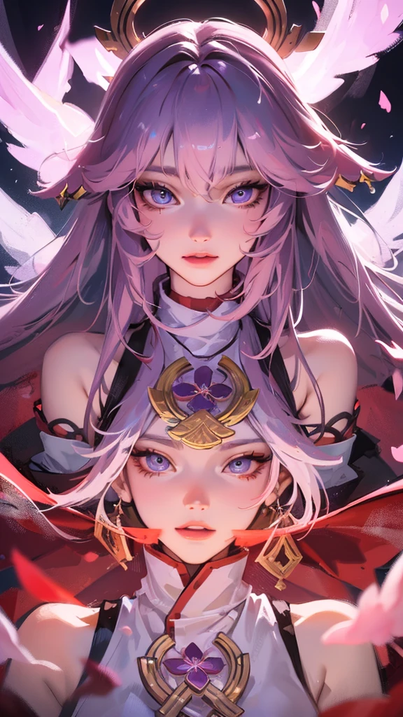 a beautiful detailed anime girl, yae miko, long silver hair, elegant purple kimono, exquisite facial features, mesmerizing eyes, graceful pose, magical glowing fox spirits, vibrant colors, cinematic lighting, digital painting, concept art style, 8k, highest quality, extremely detailed, photorealistic