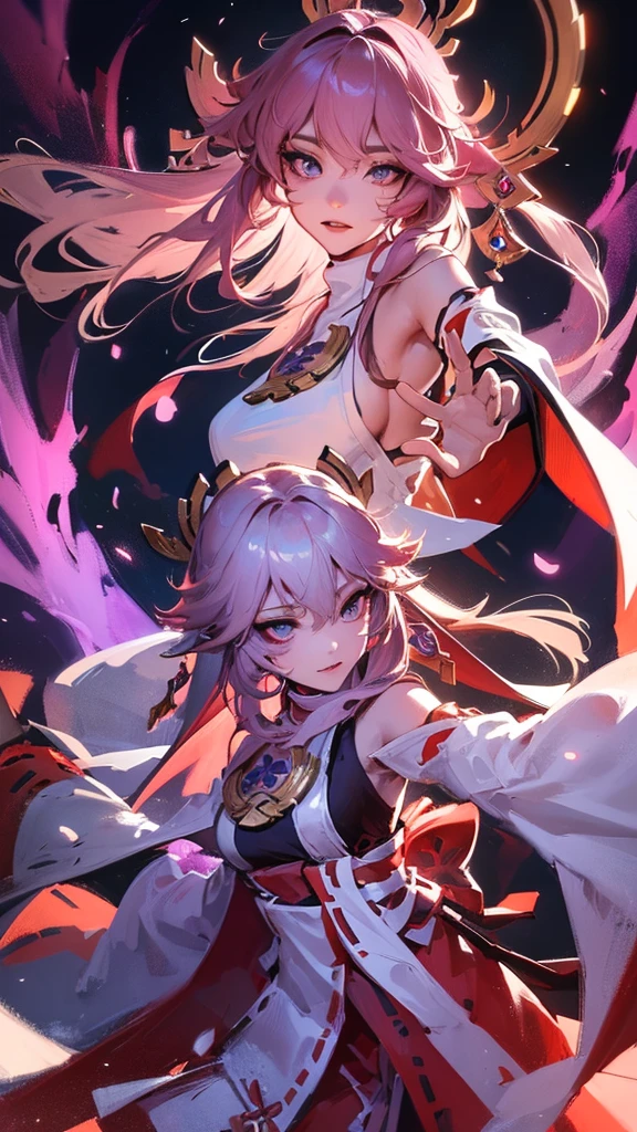 a beautiful detailed anime girl, yae miko, long silver hair, elegant purple kimono, exquisite facial features, mesmerizing eyes, graceful pose, magical glowing fox spirits, vibrant colors, cinematic lighting, digital painting, concept art style, 8k, highest quality, extremely detailed, photorealistic