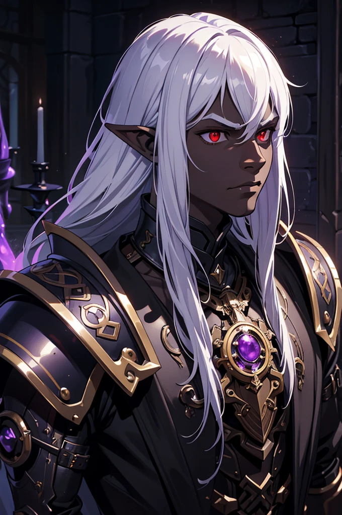 masterpiece, best quality, ultra high res, dark theme, 1boy, (dungeonpunk armor), (steampunk armor), (wearing armor)fantasy illustration, dark skinned, human, upper body, portrait, red eyes, long white hair, half-drow, pointy ears, serious face, young man, dramatic lighting, purple hue, art by Kinema Citrus