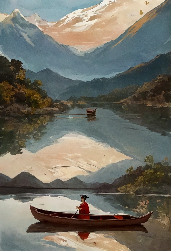 On a tranquil spring day, a fisherman dressed in traditional Jin Dynasty attire gently rowed a little wooden boat along a small creek. In the distance, mountain ranges loomed silently. Only the gentle murmur of the flowing water and the cheerful chirping of birds could be heard.