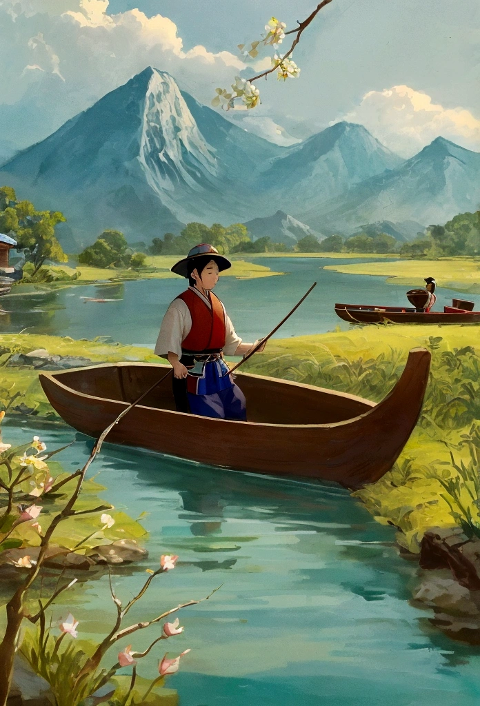 On a tranquil spring day, a fisherman dressed in traditional Jin Dynasty attire gently rowed a little wooden boat along a small creek. In the distance, mountain ranges loomed silently. Only the gentle murmur of the flowing water and the cheerful chirping of birds could be heard.
