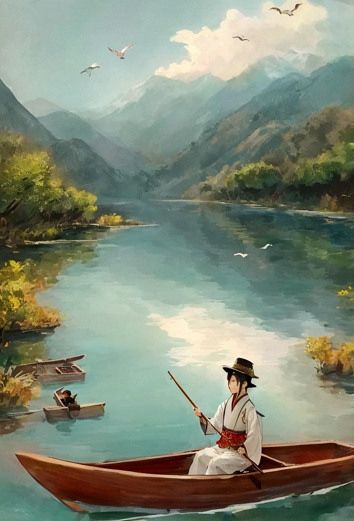 On a tranquil spring day, a fisherman dressed in traditional Jin Dynasty attire gently rowed a little wooden boat along a small creek. In the distance, mountain ranges loomed silently. Only the gentle murmur of the flowing water and the cheerful chirping of birds could be heard.