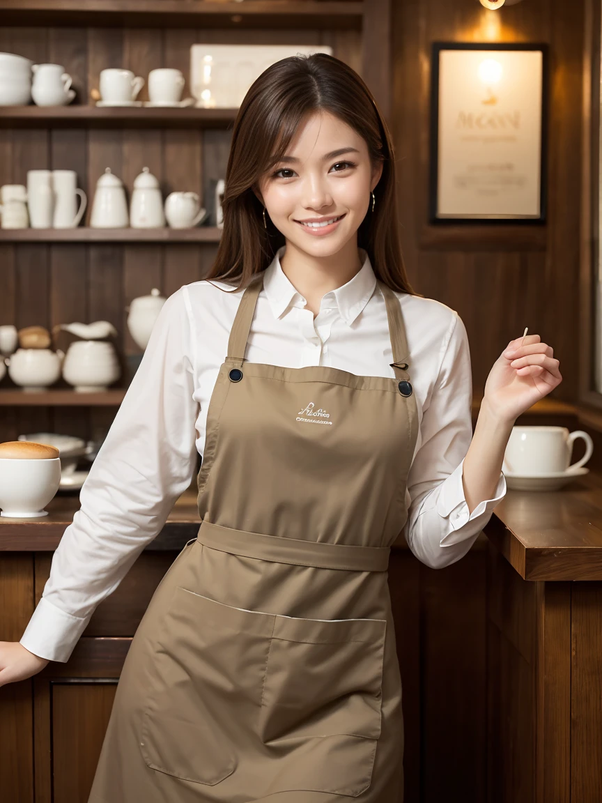 (highest quality、Tabletop、8k、Best image quality、Award-winning works)、Woman working in a café、(The perfect brown apron:1.1)、(The perfect brown apron:1.1)、(wide々She is standing elegantly in a modest cafe..:1.3)、(A classy shirt and apron:1.1)、(Big Breasts:1.1)、(Accentuate your body lines:1.1)、Beautiful woman portrait、The most elegant and cozy cafe、The most natural cafe, Perfectly organized、The most atmospheric and warm lighting、Stylish and elegant cafe、Strongly blurred background、Look at me and smile、(Accurate anatomy:1.2)、Ultra high resolution perfect beautiful teeth、Ultra-high definition beauty face、Ultra HD Hair、Ultra HD The Shining Eyes、The Shining, Super high quality beautiful skin、Super high quality glossy lip