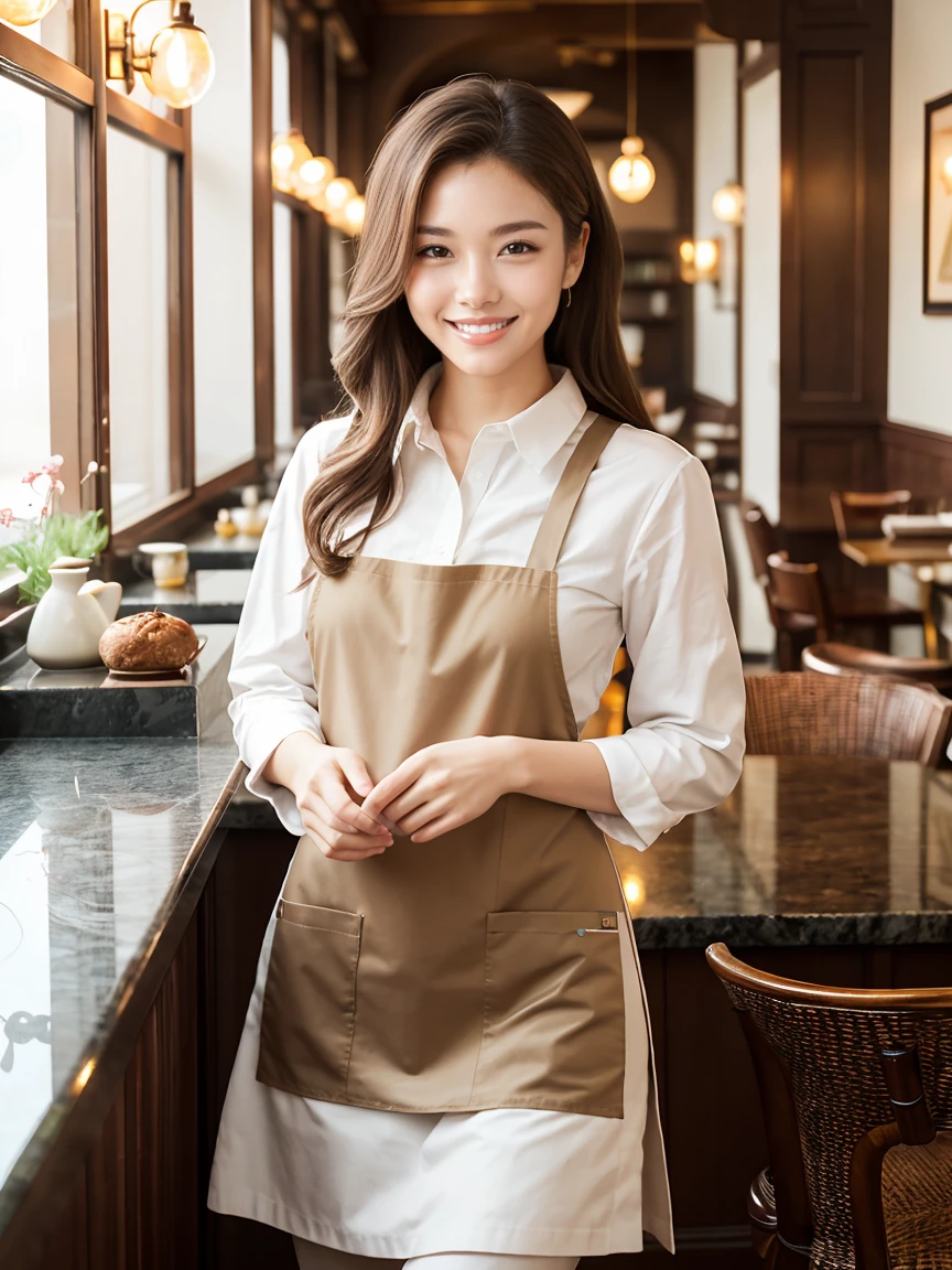(highest quality、Tabletop、8k、Best image quality、Award-winning works)、Woman working in a café、(The perfect brown apron:1.1)、(The perfect brown apron:1.1)、(wide々She is standing elegantly in a modest cafe..:1.3)、(A classy shirt and apron:1.1)、(Big Breasts:1.1)、(Accentuate your body lines:1.1)、Beautiful woman portrait、The most elegant and cozy cafe、The most natural cafe, Perfectly organized、The most atmospheric and warm lighting、Stylish and elegant cafe、Strongly blurred background、Look at me and smile、(Accurate anatomy:1.2)、Ultra high resolution perfect beautiful teeth、Ultra-high definition beauty face、Ultra HD Hair、Ultra HD The Shining Eyes、The Shining, Super high quality beautiful skin、Super high quality glossy lip