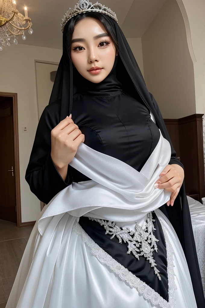 Beautiful korean woman wearing a hijab with a black wedding dress showing curves wearing a crown with angelic wings