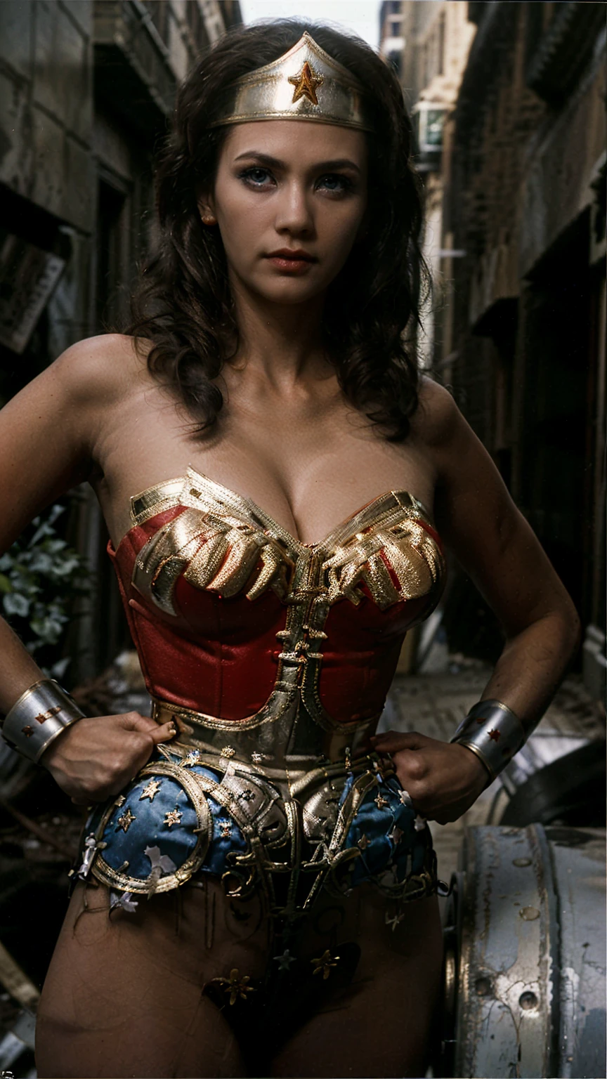 Masterpiece, Best quality, (Solo), (1girl), (photorealistic1.4), (epiCRealLife:1.0), (large breast), (cleave), (European model),, (j4nu4ryj0n3s). (Wonderwoman768 ), (lynda-carter-ww-costume), (black hair), (blue eyes), (earring), (demure), (bodysuit),, (tiara), ((armored bands), (red lipstick), , (spotlight), (night time), (at night), (flash photography), (flash photo), (on New York Street), (alleyway),