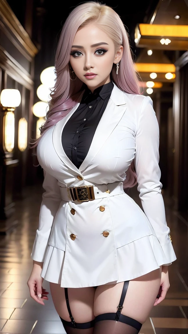 (tmasterpiece,A high resolution,best qualtiy:1.2),8K,highly detailed,complex,rich colourful,vibrant image,Clear focus,cinematic ligh) blond hairbl,long whitr hair,Green eyes,body builder (Wear black business attire,black_Collared shirt cropped jacket,tiese,tiese,Black frilled skirt,a garter belt,Leather belt) (Large, Perfect round breasts,Hourglass body,Big breasts Thin waist,Very thin waist, photograph realistic,(hyper realisitc:1)big breasts beautiful, tmasterpiece,Best quality at best,extremelydetailedface,s the perfect face,beauitful face,Perfect lighting,Detailed eye makeup,Details of the face,Nice detail eyes,pretty hand,perfect hand,glowing light eyes(realistic pupil,Realistic iris:1)Heavy eye makeup,(empty Casino)(Posing dynamically)pantiess