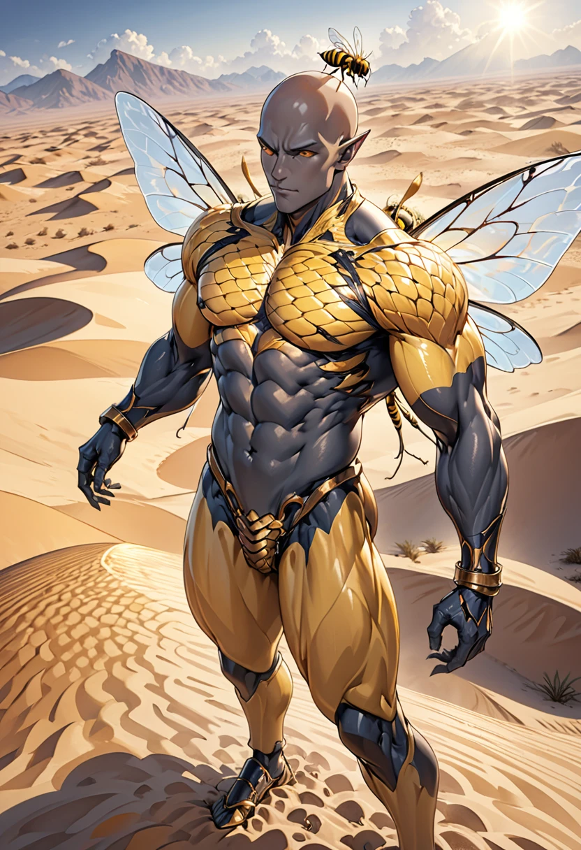 ((absurdres)) perfect whole body, ultra photorealistic, top quality, Photorealistic, ((16k UHD)) High Definition, high-res, ultra sharp, masterpiece, the best quality, intricate details, detailed eyes, perfect face detailed face, (((horror theme))) (((in the sandy desert))) orange goggles, masterpiece, highly detailed exquisite character art, perfectly detailed anatomy, detailed body, detailed pecs, hyper pecs, thick thighs, (((sunny weather))) (((natural lights))), ultra-realistic, (((1male))) ((tall muscular man male humanoid)), bald, humanoid yellow skin, bee anatomy, deity, god of honey bees, humanoid black & yellow skin tone, yellow hue, powerful humanoid appearance, compound eyes, stinger, abdomen, metallic scales, scales. Metallic armour, wings, elf ears, glossy skin, large smirking face, flying in the sky, mandibles, Antenna, honey, ((male muscular stripe black & yellow humanoid insect honey bee)) (((yellow skin))), (((black skin)))